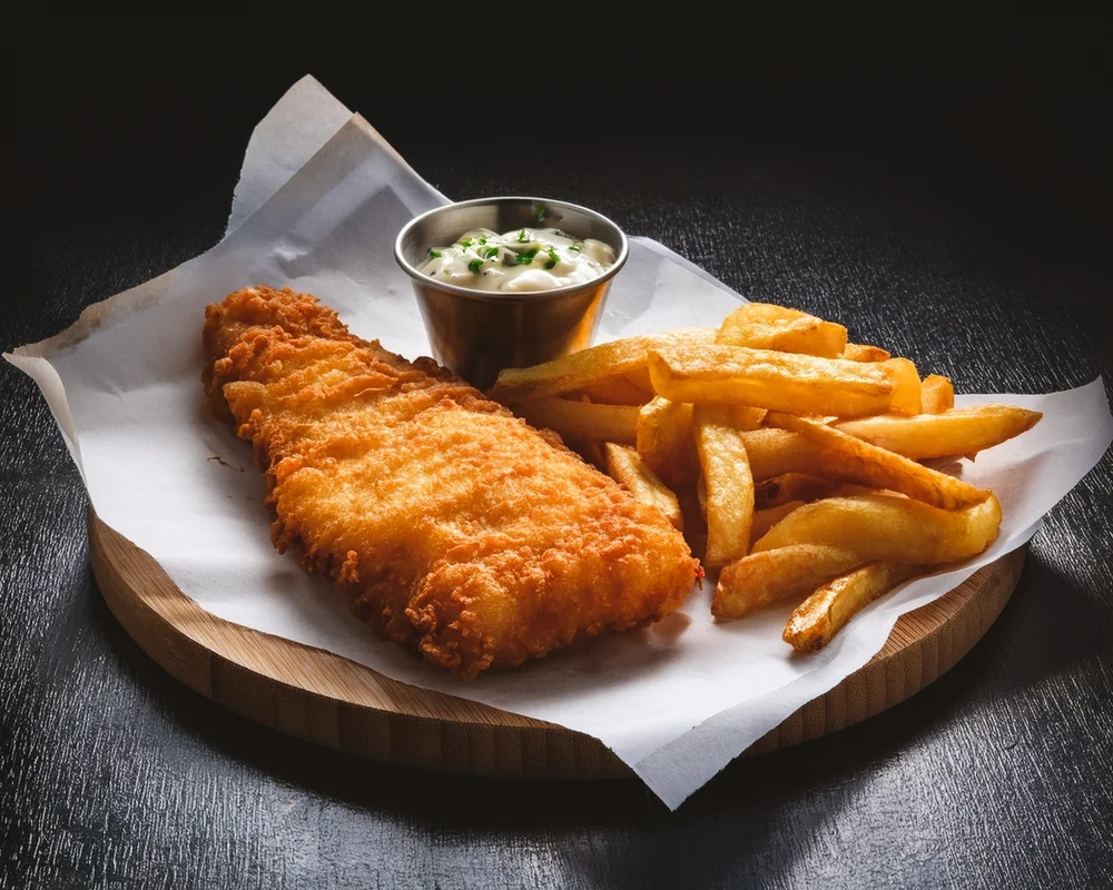 Traditional,Fish,And,Chips,Served,With,Tartare,Sauce,And,Mushy