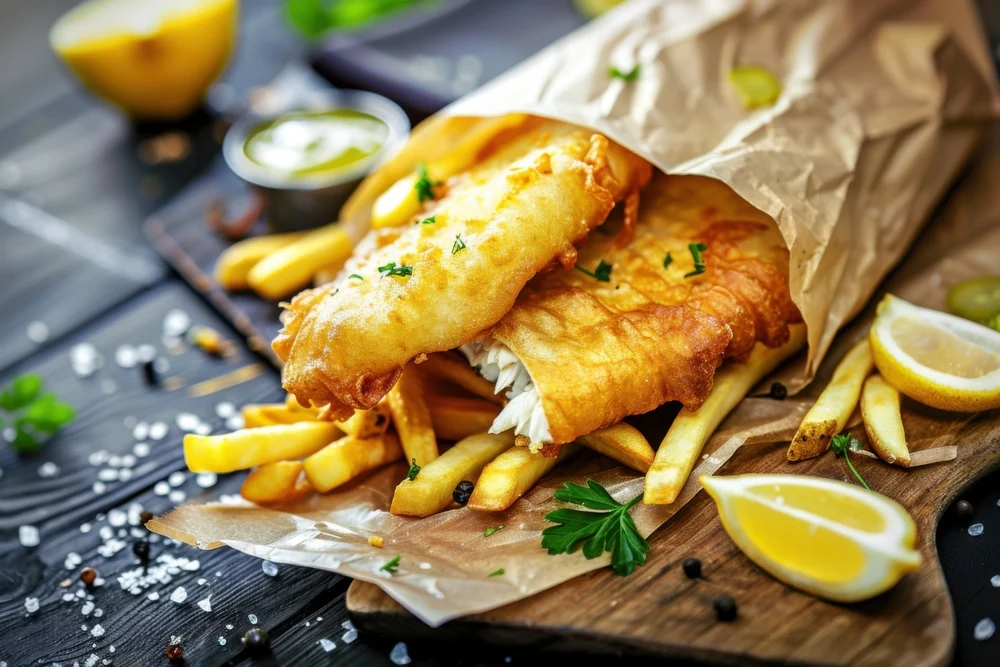 Vegan,Fish,And,Chips,Served,With,Sweet,Potato,Fries,,Crispy